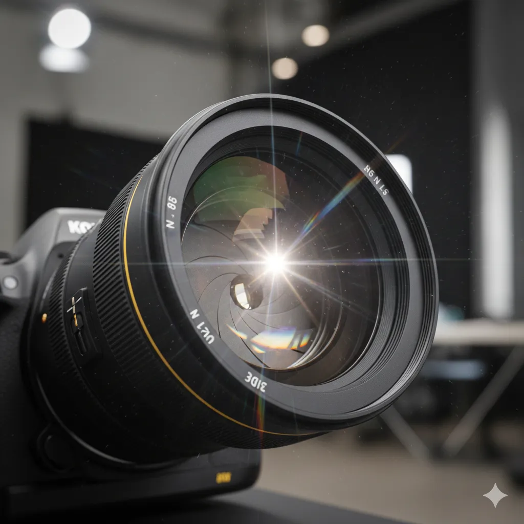 Professional camera lens capturing light